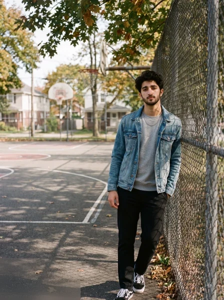 Boy in washed denim jacket leaning against a chain link fence beside a neighborhood basketball court in early autumn light.