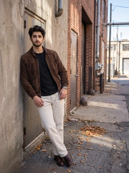 Boy in chocolate brown suede jacket standing beside a concrete wall in an American industrial district, editorial fall streetwear AI prompt.
