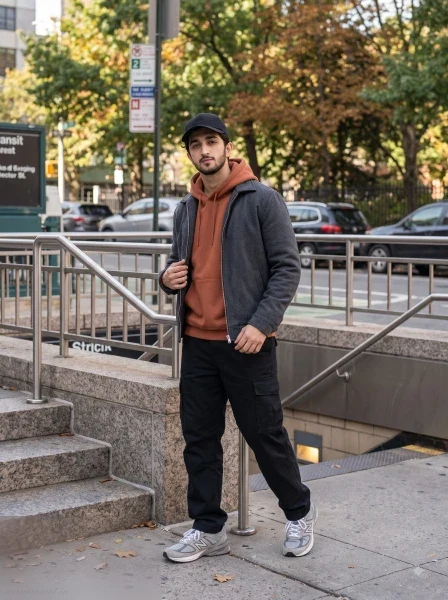 Boy in charcoal zip jacket and rust hoodie at a city transit entrance, realistic fall boy photo prompt with urban street details.