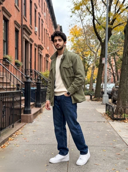 Boy in olive jacket and cream sweater on a brownstone sidewalk, ChatGPT autumn street style photo prompt for boys with early fall leaves.