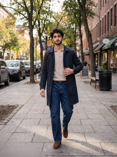 Boy in dark navy trench coat walking through a tree lined downtown avenue, ChatGPT autumn photo prompt for boys with Pinterest menswear aesthetic.