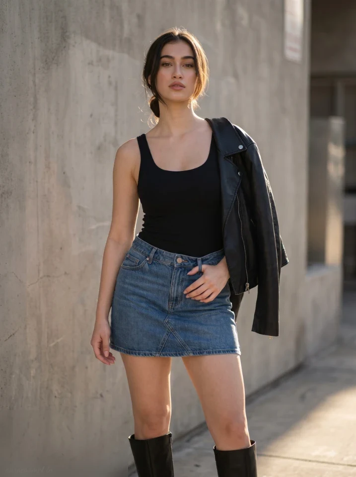 Realistic AI girl portrait generated from a ChatGPT photo editing prompt showing a black tank top denim mini skirt and tall boots with moody side lighting