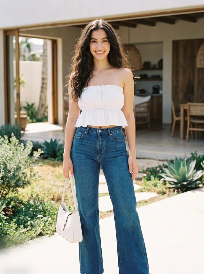 Pinterest girl photo idea generated with a ChatGPT Instagram portrait prompt showing ruffled bandeau top flare jeans and a white handbag in natural window light
