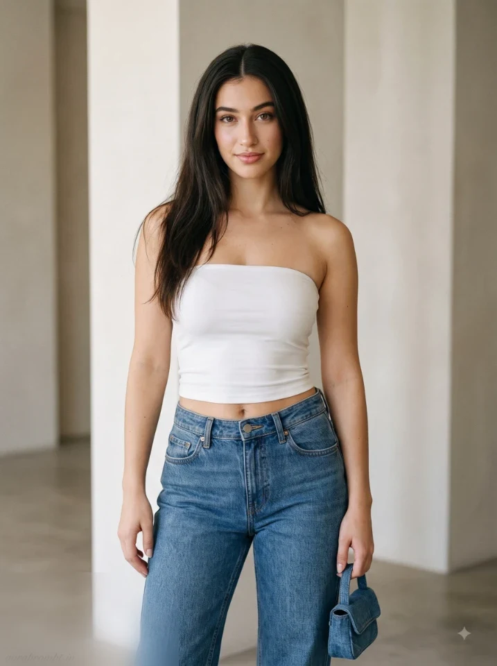 ChatGPT Instagram photo prompt for girls featuring a white tube top blue denim jeans outfit with a mini denim bag in a clean editorial indoor setting