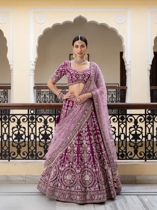 Girl in magenta floral lehenga with lilac dupatta at palace balcony railing, realistic Indian fashion photo prompt portrait