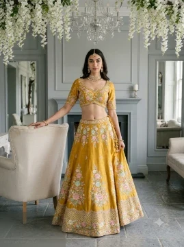 Girl in mustard yellow arch lehenga under hanging floral ceiling with chandelier, ChatGPT lehenga prompt festive editorial