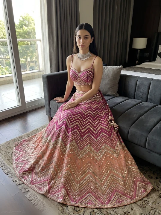 Girl in pink-to-peach chevron ombre lehenga seated on grey chaise beside window, ChatGPT fashion prompt indoor editorial