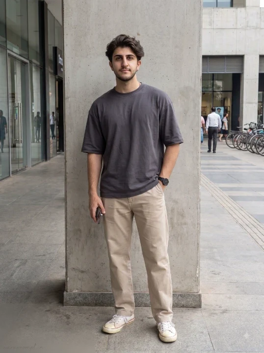 Natural lifestyle AI portrait prompt man in charcoal oversized tee and beige trousers standing beside urban concrete wall street style