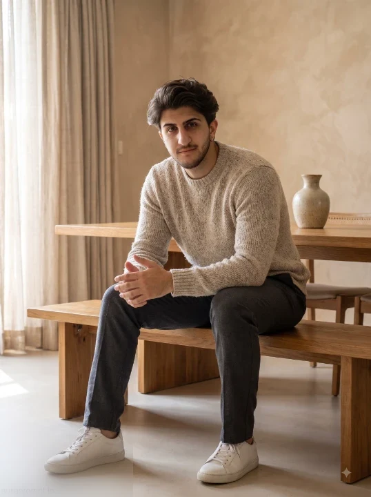 Realistic male portrait AI prompt man in oatmeal knit sweater seated on wooden dining bench warm home interior