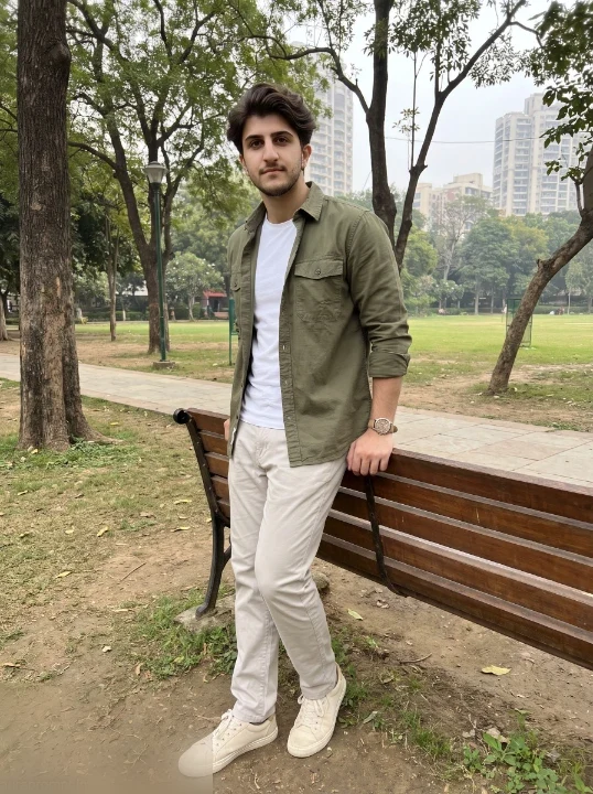 Candid lifestyle portrait prompt man in olive green overshirt and stone trousers standing beside wooden park bench outdoor natural light