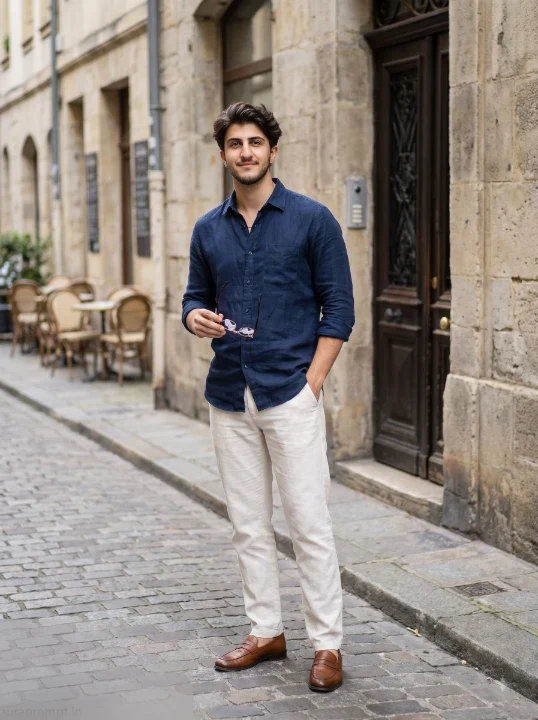 ChatGPT image prompt man in navy linen shirt and off white trousers beside stone building entrance European travel street style