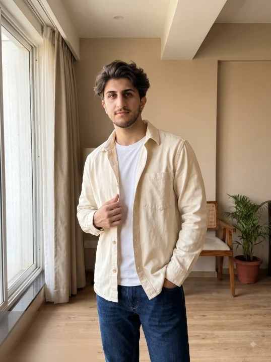 ChatGPT lifestyle photo prompt man in cream overshirt white tee and dark denim standing beside apartment window morning light