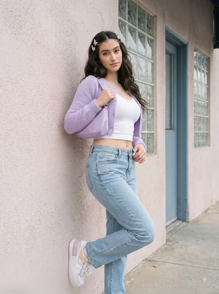 Soft Y2K suburban AI fashion portrait of a girl in pastel lavender fuzzy cardigan and light wash jeans leaning against a stucco wall with cool overcast daylight