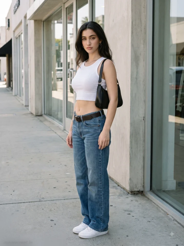 Y2K downtown shopping district AI portrait of a girl in white crop top low rise jeans and retro sneakers beside an American storefront generated with a chatgpt y2k photo prompt for girls