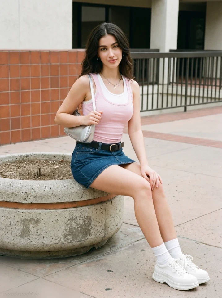 Realistic Y2K weekend street portrait of a girl in layered pink and white tank tops denim mini skirt seated on a concrete planter in an urban plaza generated using a y2k girl photo prompt chatgpt