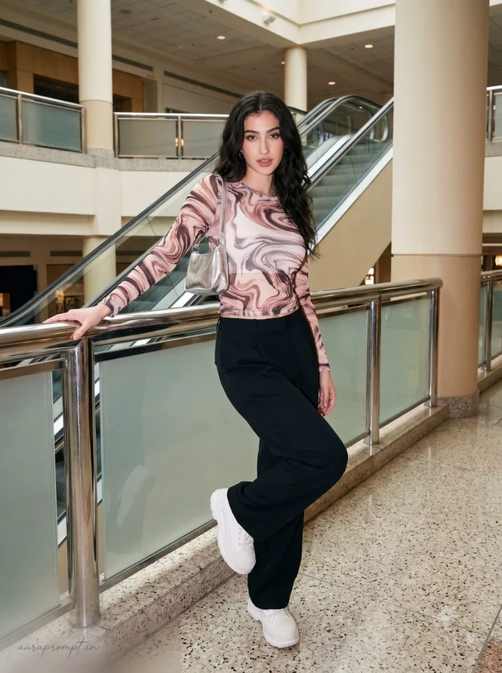 Y2K mall aesthetic AI photo of a girl in printed mesh top and wide leg black trousers standing on a retro escalator with direct flash compact camera lighting