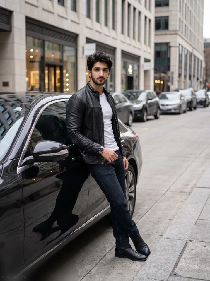 Realistic AI photo prompt stylish man in black leather jacket leaning against luxury sedan on downtown avenue