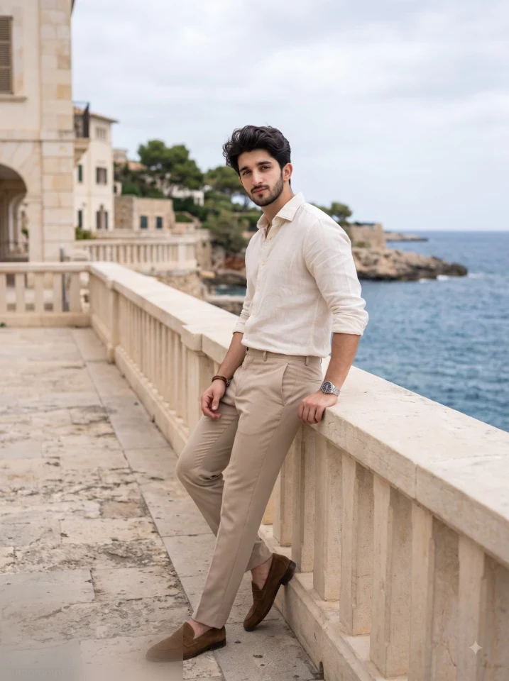Cinematic male portrait prompt young man in ivory linen shirt at Mediterranean coastal promenade with deep blue sea background