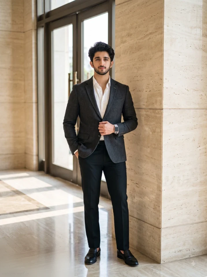 Cinematic AI photo editing prompt quiet luxury male portrait in charcoal blazer white shirt standing beside hotel column