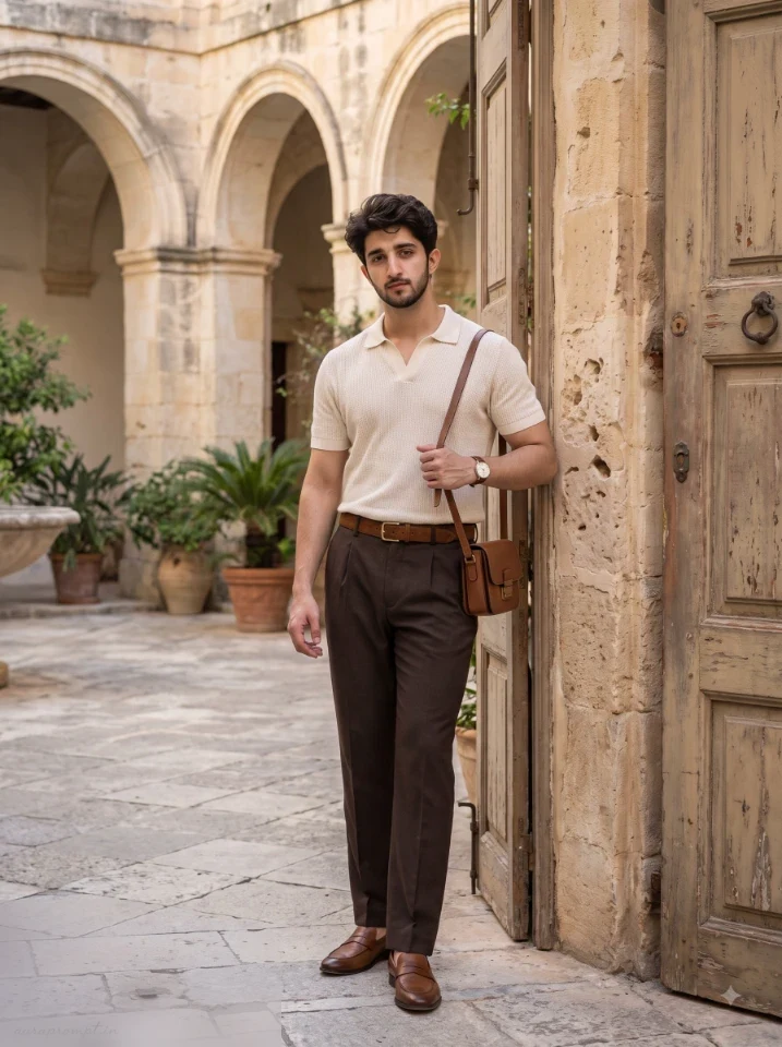 Professional male AI photography prompt old money resort editorial man in cream knitted polo beside wooden doorway limestone courtyard