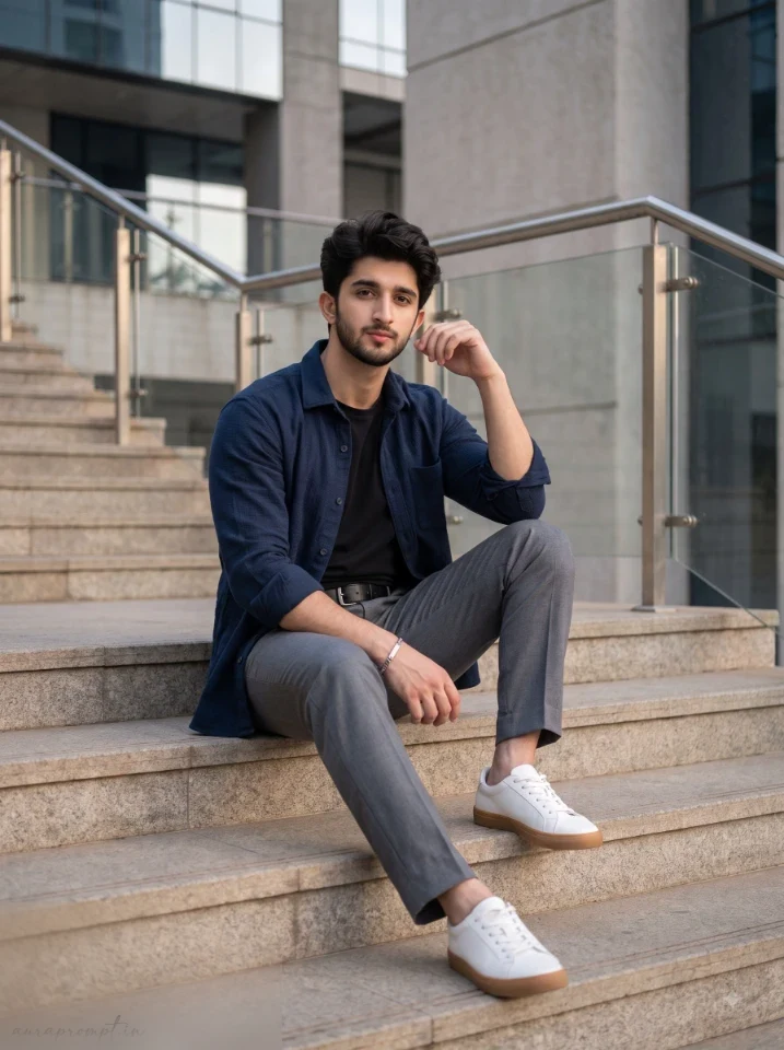Editorial fashion photography prompt man in navy overshirt seated on architectural stone steps concrete building background