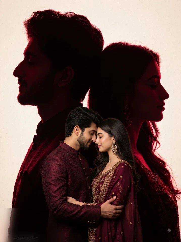 South Asian couple double exposure poster with enormous dark silhouettes and crimson rim light halo effect generated from uploaded reference photo in Gemini AI