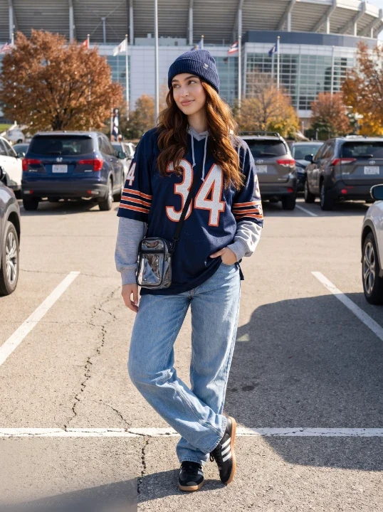 ChatGPT football fan photo prompt girl in navy jersey layered over grey hoodie with beanie and baggy jeans in parking lot