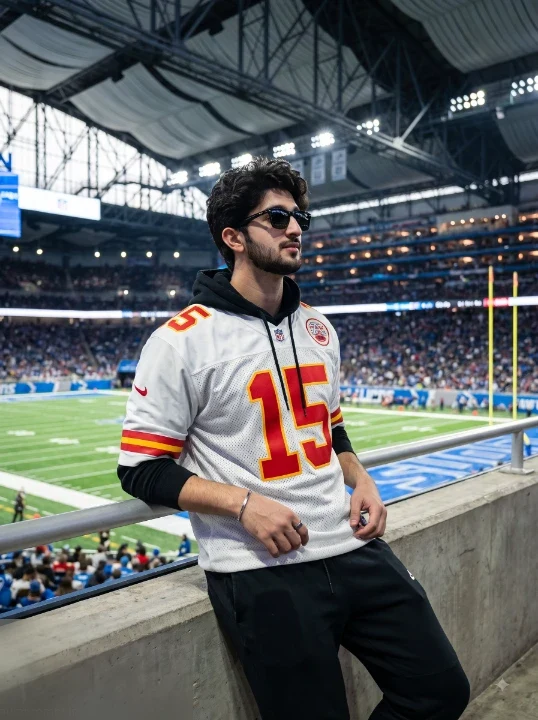 Football game day photo ideas AI prompt young man in white number 15 jersey over black hoodie leaning on indoor stadium rail
