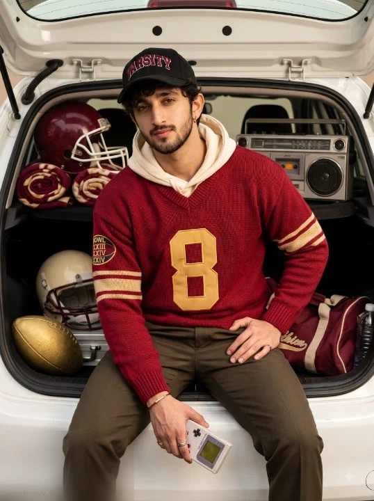 Gemini AI photo prompt man in vintage cardinal red knit jersey sitting in car hatch trunk with retro football props editorial