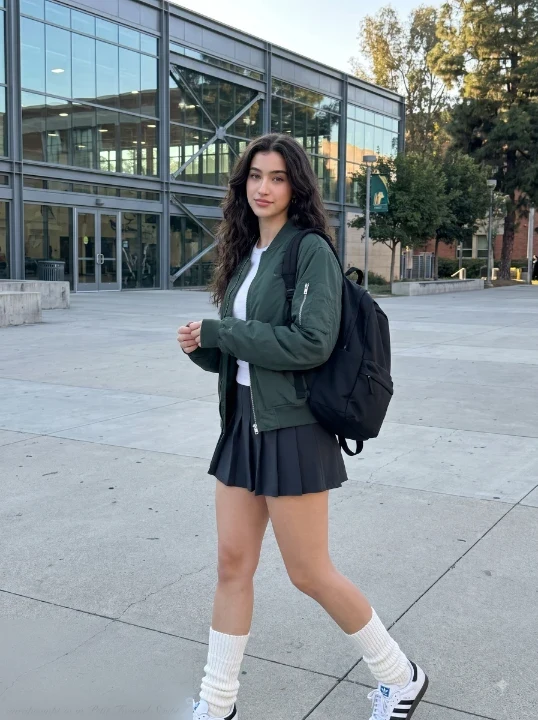 College woman in bomber jacket and pleated skirt walking near a university athletic complex in a trending Gemini girl prompt editorial