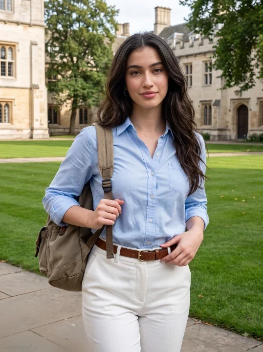 College woman in light blue shirt and white trousers walking through a historic campus quad in a realistic Gemini AI photo editing prompts for girls result