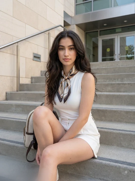 Minimal white campus fashion portrait of a college girl seated on stone steps captured using a girl AI prompt for natural campus photography