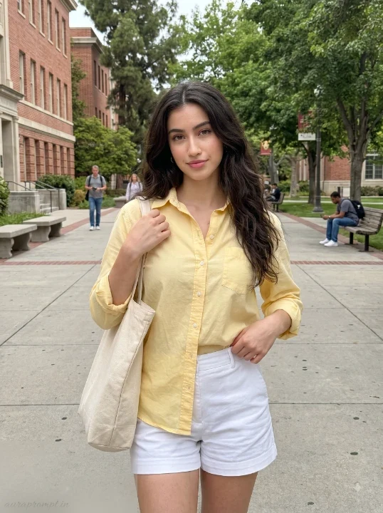 College girl in yellow shirt and white shorts on a campus walkway created with a gemini college girl photo prompt for Pinterest style portraits