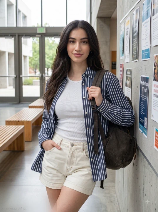 Gen Z college woman in striped shirt leaning against a student commons notice board in a realistic Gemini AI photo editing portrait