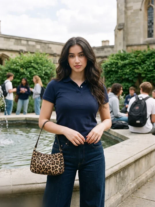 Adult college girl in polo shirt and wide dark jeans posing beside a university fountain courtyard using a Gemini AI photo editing prompt for girls