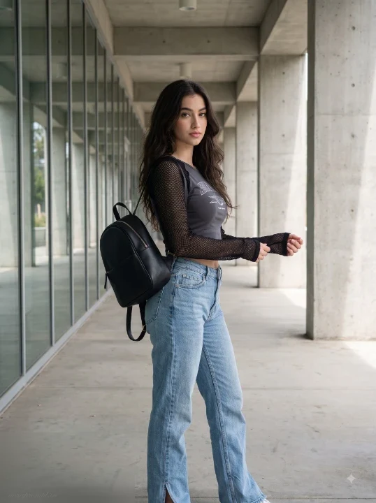Editorial campus fashion portrait of a college girl in mesh layered streetwear under a brutalist university walkway using a Gemini girl prompt
