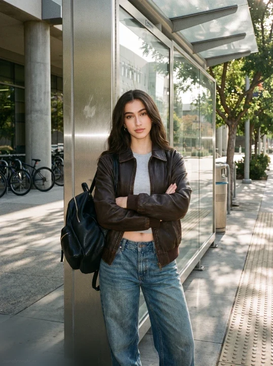 Edgy Gen Z college girl in leather bomber and faded baggy jeans standing at a campus transit shelter generated with a college photo prompt