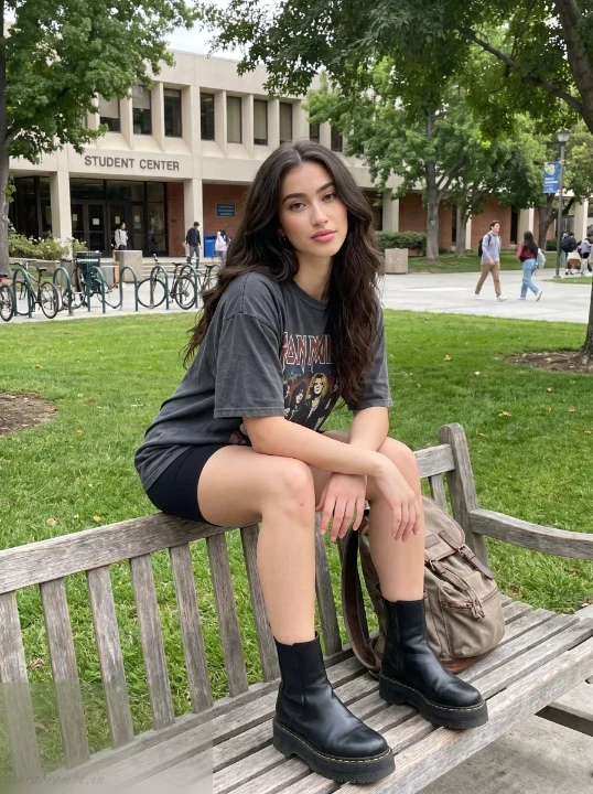 College woman in oversized graphic tee and platform boots sitting on a campus lawn bench in a natural candid girl AI prompt portrait