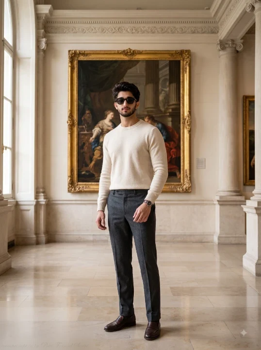Boy in cream cashmere crewneck and charcoal trousers standing before a Renaissance painting in a neoclassical museum gallery, quiet luxury gemini ai photo editing prompts for boys