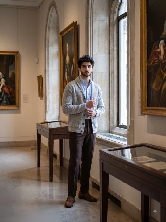 Young man in light gray cardigan and pale blue Oxford shirt beside a tall arched museum window with dark wood cabinetry, classic art gallery portrait