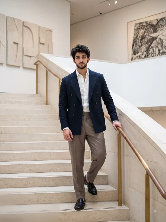 Boy in midnight navy double breasted blazer standing midway on a pale stone museum staircase with brass railing, photorealistic male portrait prompt