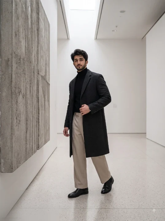 Boy in black merino turtleneck and wide beige trousers walking through a minimalist white museum gallery beside a concrete artwork, editorial museum photography prompt
