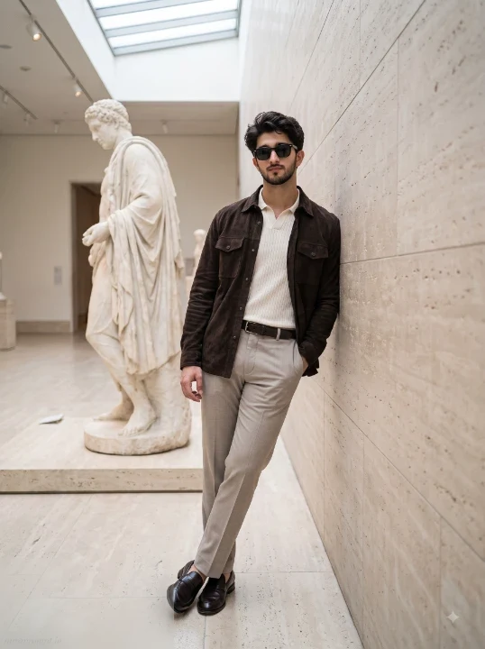 Young man in espresso brown suede overshirt seated on a museum bench beside a monumental white marble sculpture, luxury portrait prompt editorial result