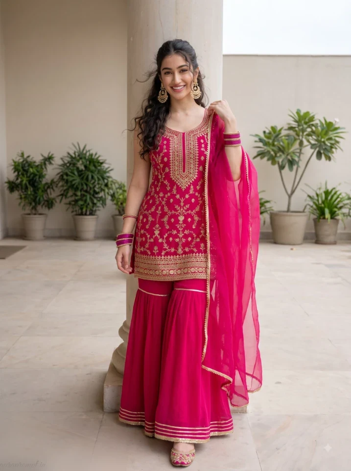 Indian girl in fuchsia sharara set with organza dupatta and chandbali earrings, AI photo prompt for girls in kurti, smooth stone floor background.