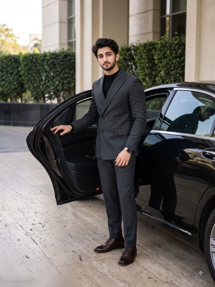Luxury men photo prompt for Gemini showing a man in charcoal double breasted suit standing beside a black sedan at an elegant stone lined hotel driveway.