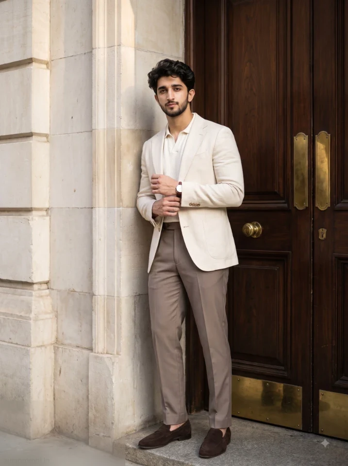 Gemini AI luxury men photoshoot prompt output of a man in cream linen blazer standing beside a historic limestone library entrance with walnut doorway and aged brass hardware.