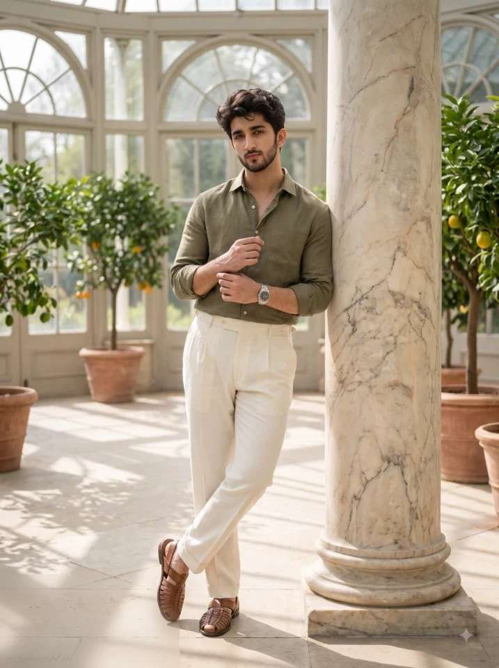 Quiet luxury men prompt output featuring a man in olive linen shirt leaning against a marble column inside a sunlit conservatory with arched glass windows and citrus trees.