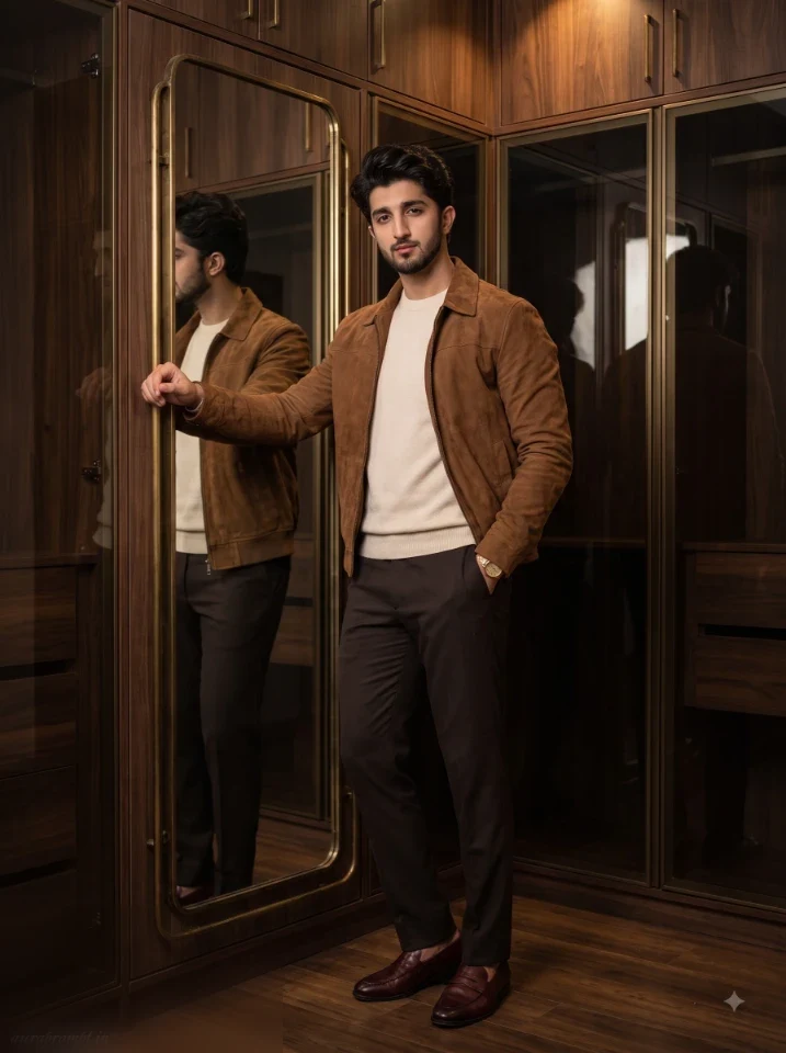 Gemini luxury portrait of a man in brown suede jacket standing in front of a walnut dressing room mirror with aged brass frame and dark interior styling.