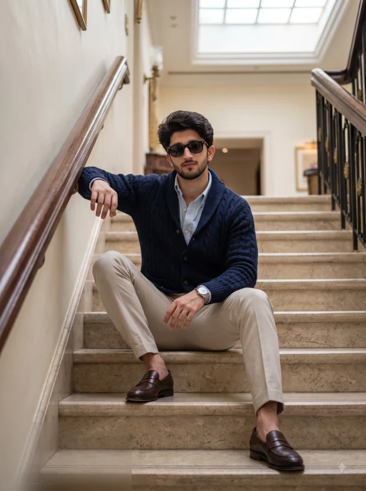 Old money boy prompt result showing a man in deep navy cable knit cardigan seated on a heritage hotel staircase with dark walnut handrail and patterned stone steps.