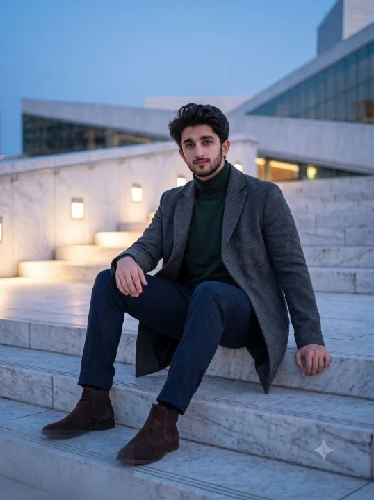 AI photo prompt for men in charcoal turtleneck and wool overcoat seated on marble steps of a modern museum exterior at blue hour